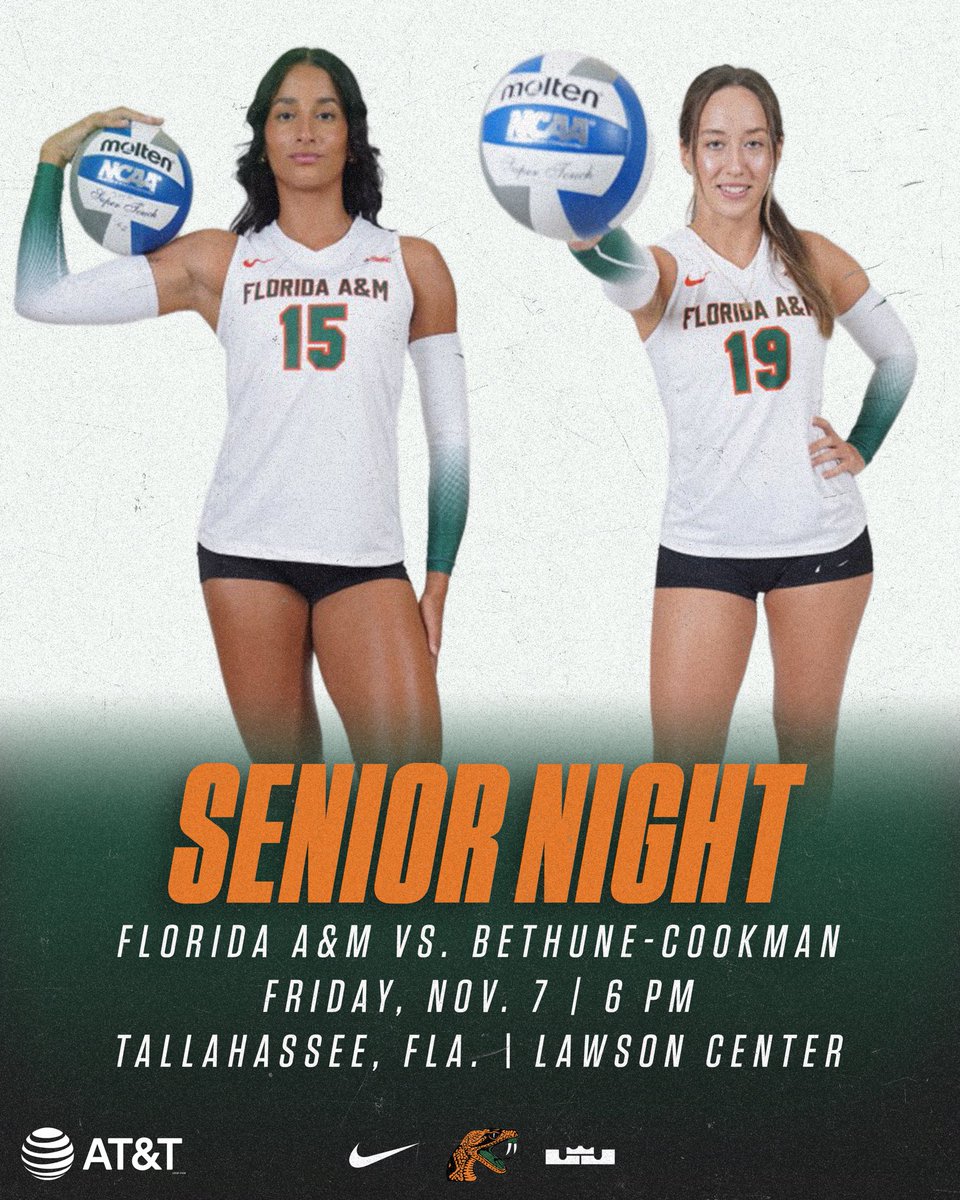 FAMU_VB's tweet image. 🏐 It’s SENIOR NIGHT! 🧡💚

Join us as we celebrate our amazing seniors and all they’ve done for Rattler Volleyball!

📅 Friday, Nov. 7
🕕 6 PM
📍 Lawson Center | Tallahassee, FL
🏐 Florida A&amp;amp;M vs. Bethune-Cookman

#FAMU | #Rattlers | #FangsUp 🐍