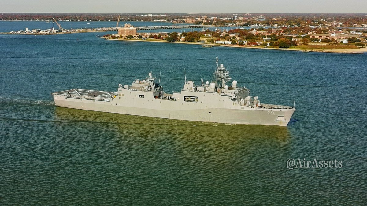 AirAssets's tweet photo. At approximately 09:45 this morning 7 Nov 2025 the USS Richard M. McCool LPD-29 Jr. a San Antonio-class amphibious transport dock departed Naval Station Norfolk outbound for sea. Warshipcam said they just got out of maintenance and this is probably sea trials.
#lpd29 #USSMcCool https://t.co/cvnOmU2Fzx