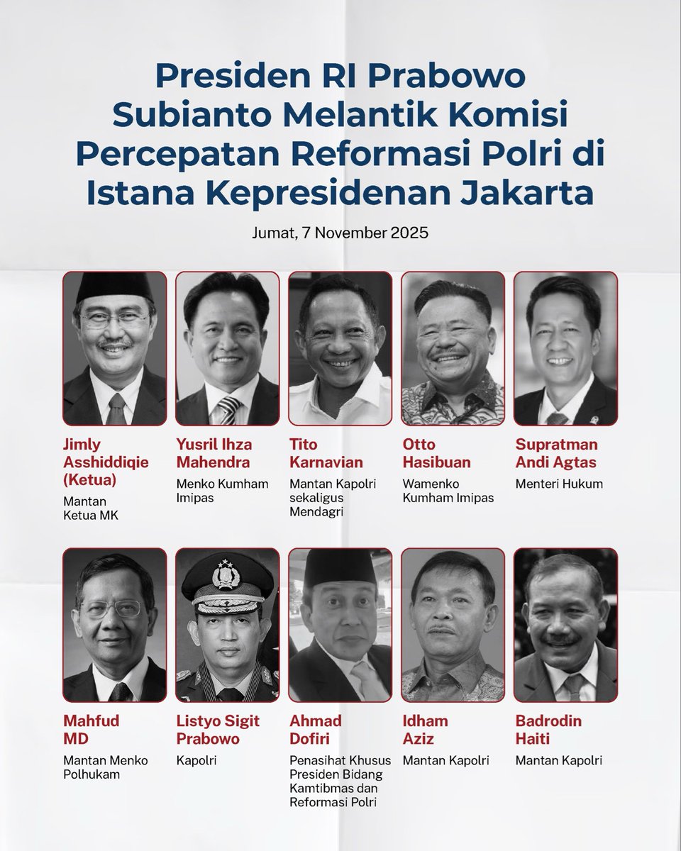 orientasi_id's tweet image. Presiden Prabowo Subianto melantik ketua dan sembilan anggota Komisi Reformasi Polri di Istana Merdeka, Jakarta Pusat, Jumat (7/11/2025).

#reformasipolri #yukgasss