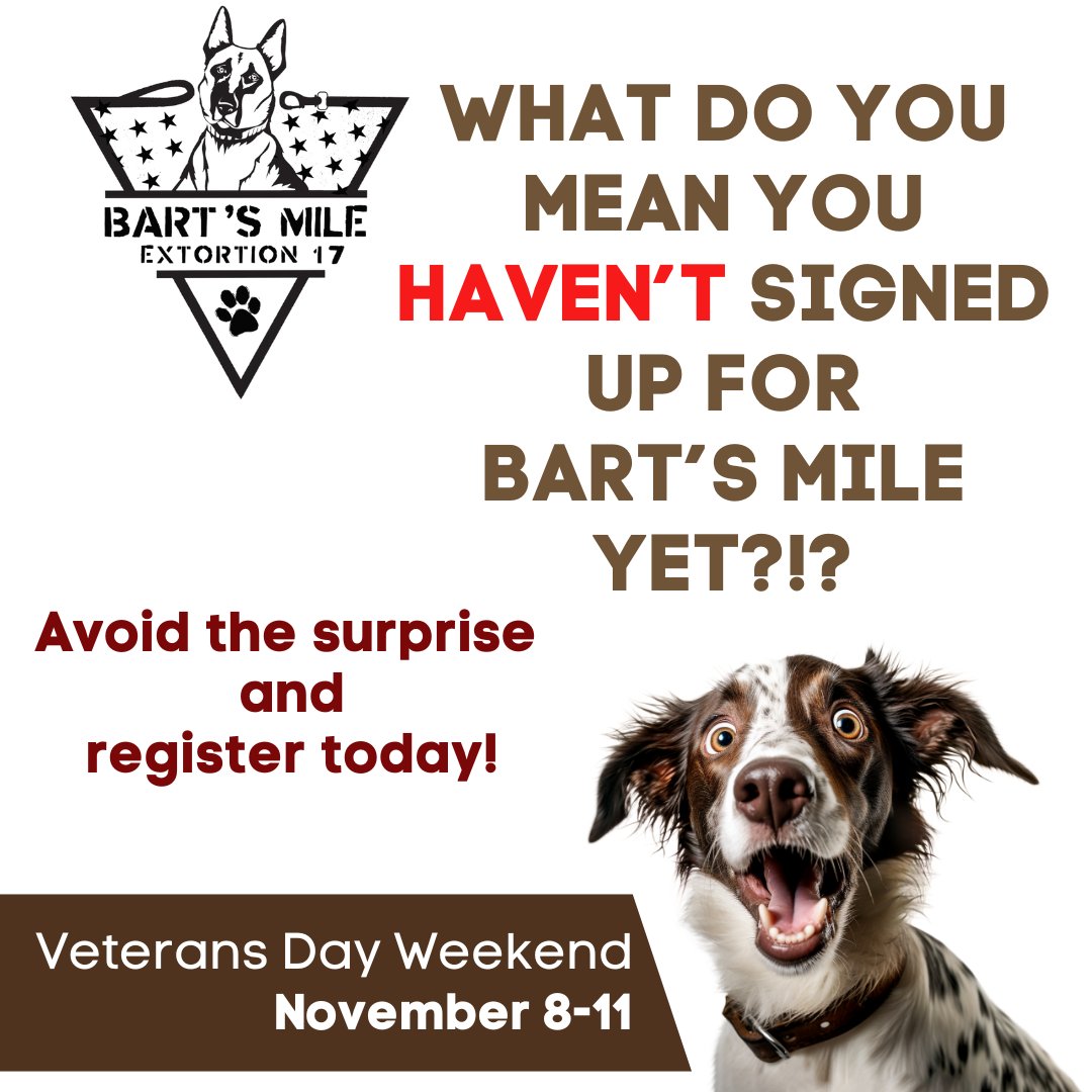 That's right...Veterans Day Weekend is (almost) upon us. Turn that surprise into action and get registered for Bart's Mile today!
classy.org/event/barts-mi…
