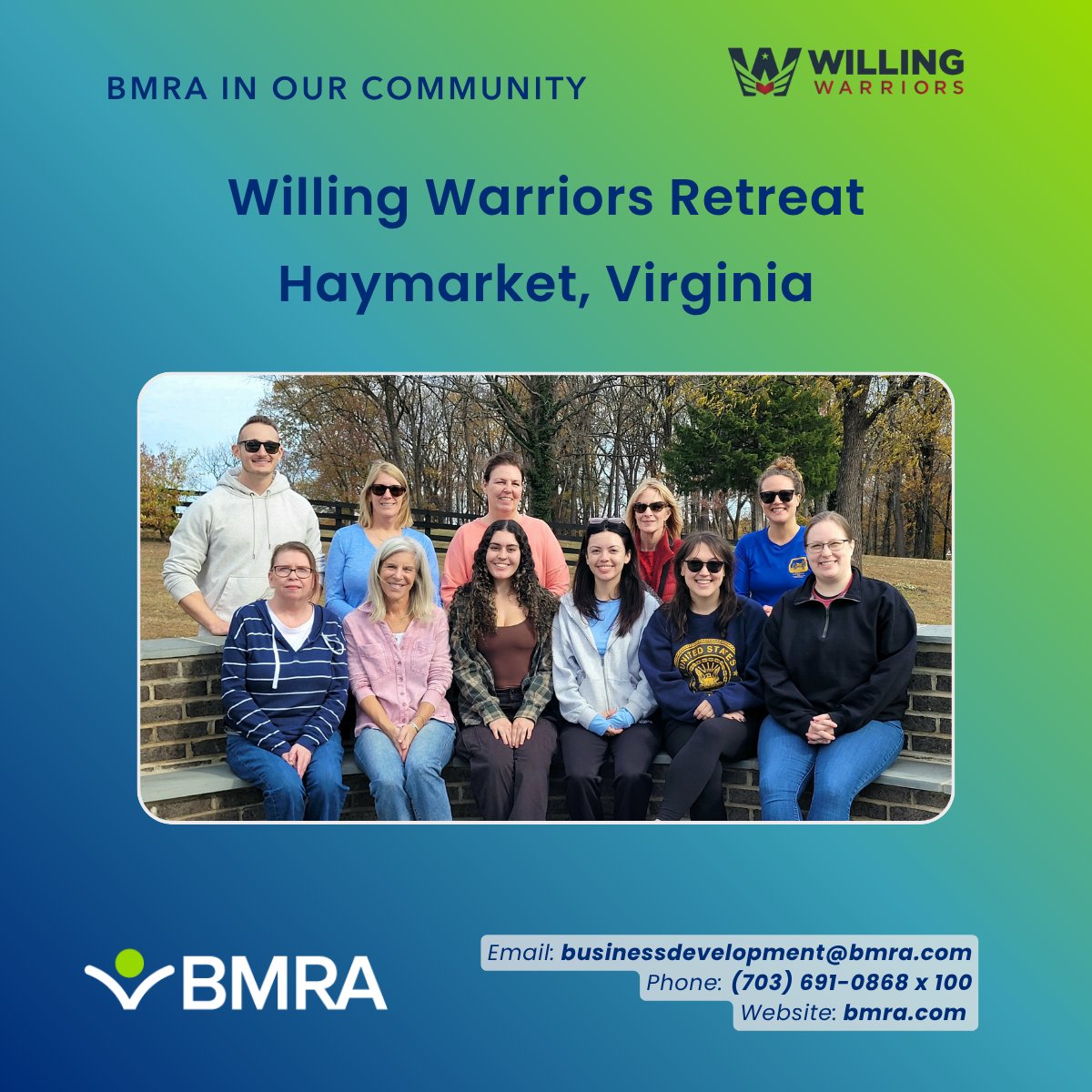 ⛅ November 5th, 2025 - BMRA staff members volunteered their time organizing, cleaning, and landscaping at the Willing Warriors Retreat in Haymarket, VA.🌟Please visit willingwarriors.org for more information on this wonderful organization! #BMRA #WillingWarriors #SOWW