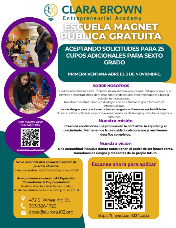 Big news — applications for the 2026–2027 school year are OPEN! 🎉 Kinder–7th grade accepted. Extra spots in 6th grade! 👉 Apply: cbea.aurorak12.org or scan the QR code. #ApplyNow #AuroraSchools