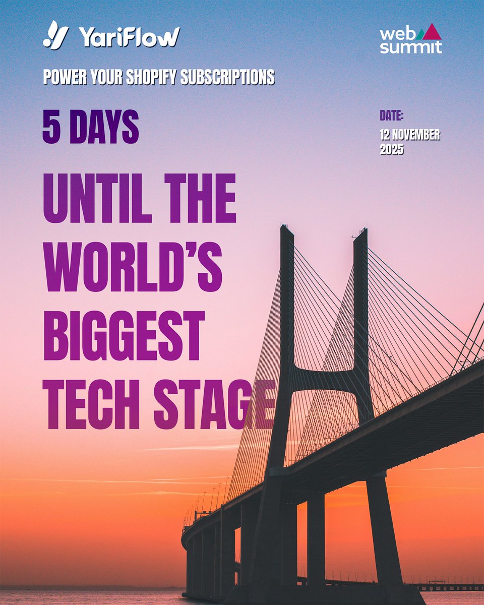 TheYariFlow's tweet image. 5 days to go!   
Yari Flow is heading to #WebSummit2025 in Lisbon 🎉

📍Booth A3-37 @ MEO Arena 

Let’s talk about subscriptions that are powerful, flexible, and built for growth. 

Swing by and unlock your subscription superpower 💥

#YariFlow #Shopify #Ecommerce #Subscriptions
