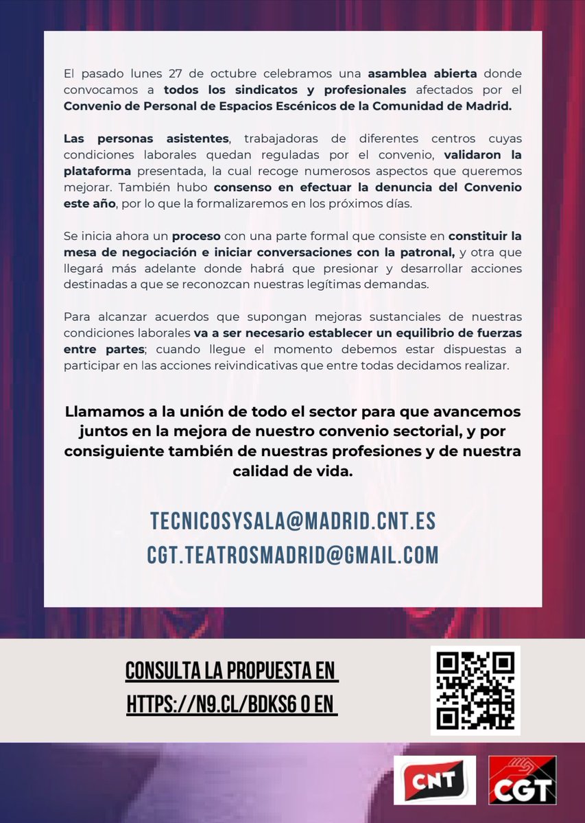 Llamamos a la unión y participación de todo el sector para lograr mejoras reales en nuestras condiciones laborales y de vida.

📧 tecnicosysala@madrid.cnt.es
📧 cgt.teatrosmadrid@gmail.com