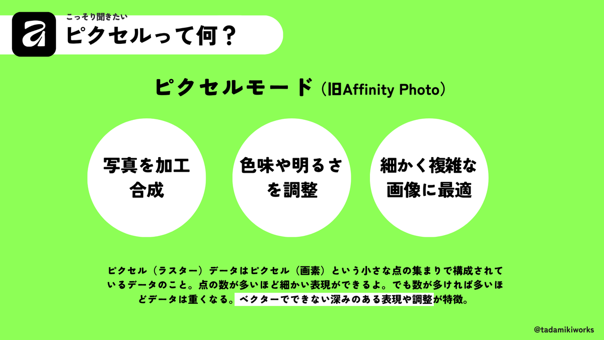 tadamikiworks's tweet photo. 【Affinityってそもそもどんなアプリ？】
Adobe製品はハードルが高くて触る機会がなかった方は是非無料だからトライしてみて欲しいし
Adobeユーザーにもこの全部入りを
面白がっていじってみてほしい。（全部入りでも軽いのか動作が気になる）

わたしはIndesignが使えないので
レイアウトモードはご紹介できないんですが
これから「はじめてのAffinity」を皆さまと一緒に
あーでもないこーでもないと
いじっていってみたいと思います。

今の所主に使うのは「ベクターモード」なのですが
徐々に「ピクセルモード」もいじってみて
ご紹介できるようにがんばります！！
ベクターモードはまず名刺とか作ってみようかな。