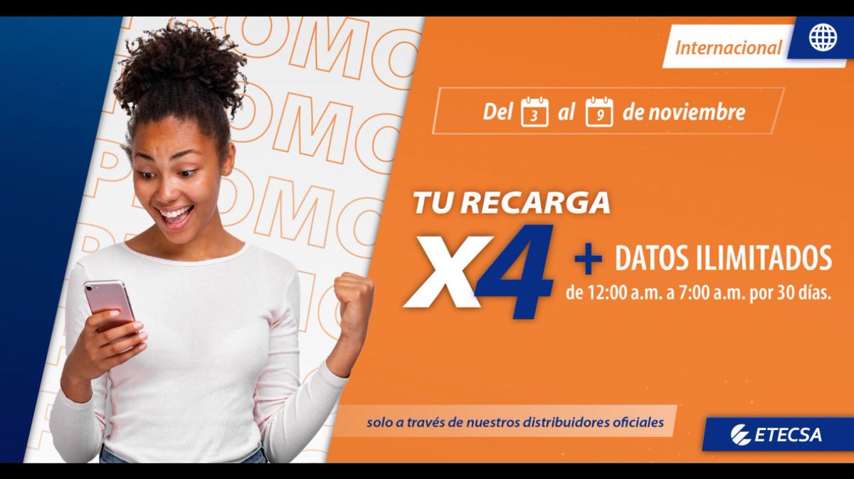 Atentos, ¡ya comenzó la promoción ! Del 3 al 9 de noviembre, si recibes una recarga internacional desde 600 CUP hasta 1250 CUP a través de nuestros distribuidores, multiplicarás por 4 el monto de dinero recargado en tu saldo principal y recibirás datos ilimitados de 12am a 7am