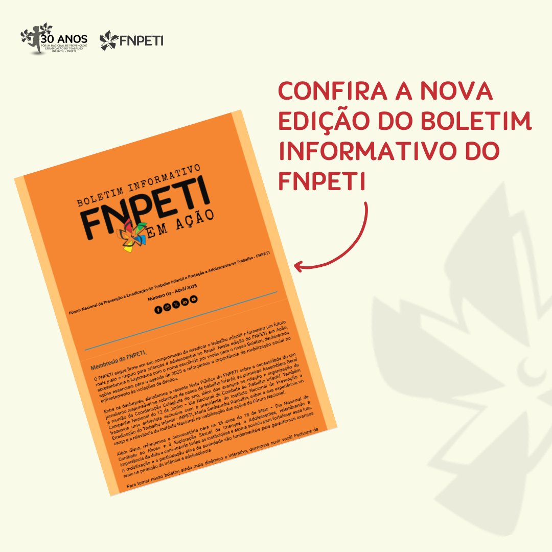 Confira a Edição nº 10 - Novembro/2025 - do "FNPETI em Ação"- Boletim informativo digital do FNPETI. Acesse: mailchi.mp/ae894e778336/b…