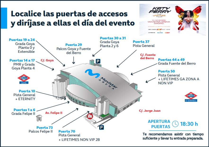 INFO para el concierto del 11/11 en Madrid

Horarios:
Apertura de puertas: 18:30h
Becky Hill: 20:00h
Katy Perry: 21:00 h