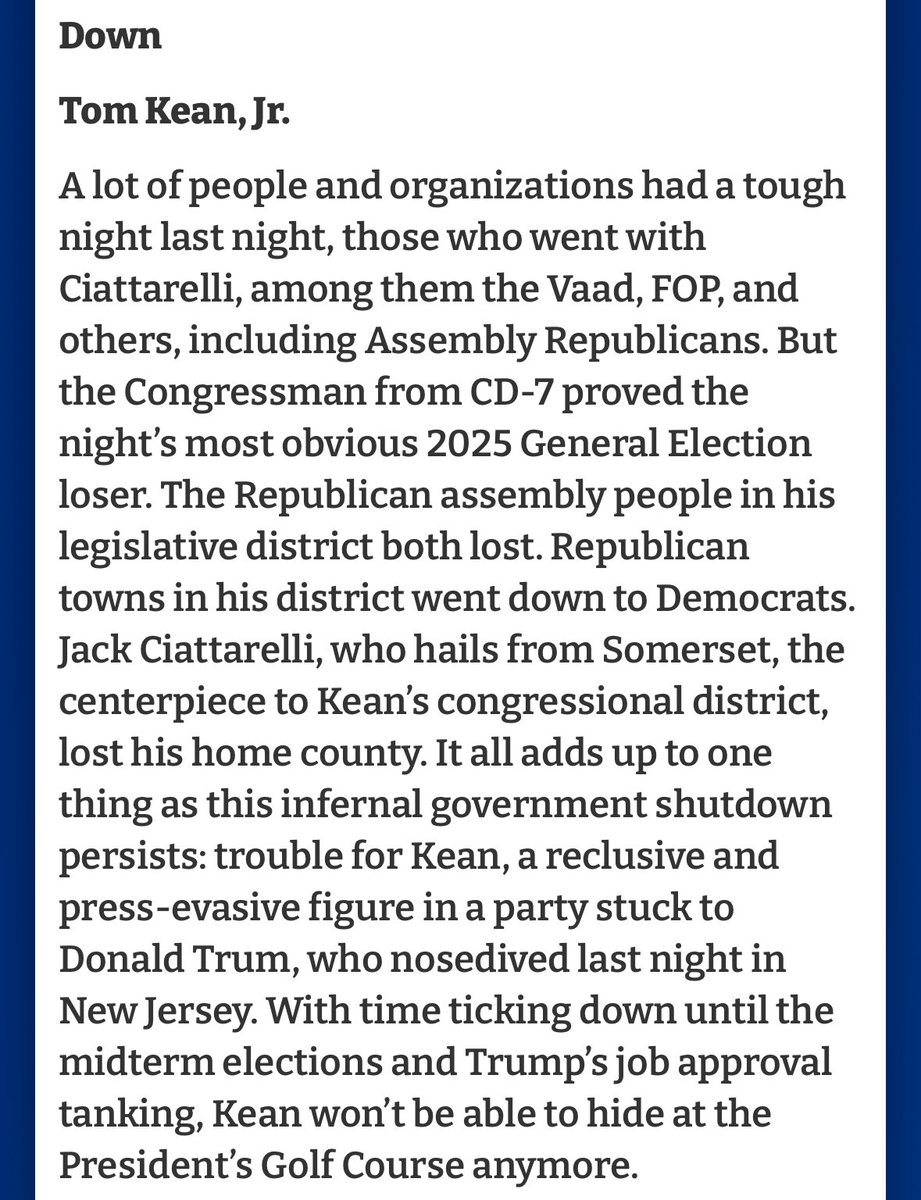 👀InsiderNJ dubs <a href="/KeanForCongress/">Tom Kean</a> “the nights most obvious 2025 general election loser.”

Says a lot that Kean Jr. tops their biggest loser list considering Jack Ciattarelli got his clock cleaned.