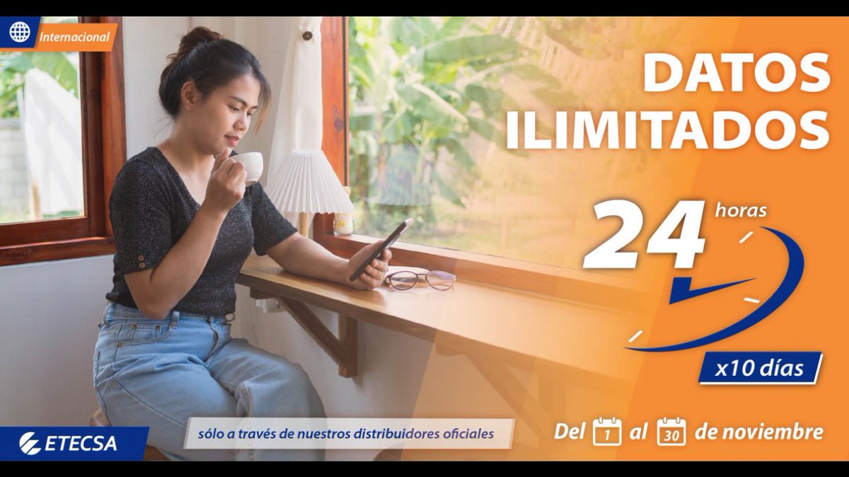 ¡Datos ilimitados para ti! 📱💥 
Durante todo el mes de noviembre, recarga entre 500 CUP y 1250 CUP, con nuestros distribuidores internacionales, y disfruta de DATOS ILIMITADOS las 24 horas, válidos por 10 días.