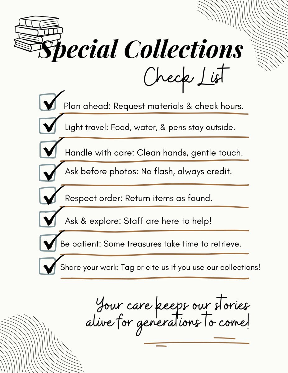 ULSpecColl's tweet photo. Visiting Special Collections?
Discover Louisiana history &amp; Cajun culture — and help protect it!
Special Collections Checklist:
To start your research journey, call (337) 482-6031 or fill out the “Make an Appointment” form on the Dupré Library website under Special Collections. https://t.co/elWYjQPRQK