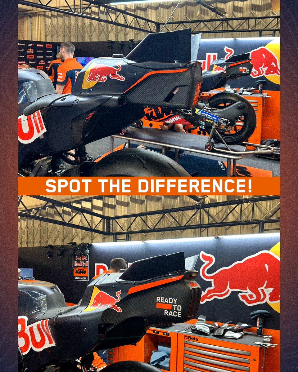 Tech3Racing's tweet photo. Spot the difference! 👀
The bike keeps evolving, and this time it’s the rear section that’s taking on some new shapes! 🔧✨
Let’s keep an eye on this… 🧡🔥
#RedBullKTMTech3 #RedBull #MotoGP #PortugueseGP #Motul #Motorsport #Racing #PE44 #EB23 #Tech3Family https://t.co/qPcW5ASqpZ