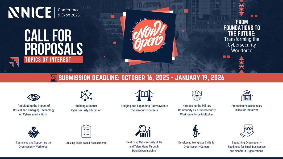 Your voice matters. Your ideas inspire change. Be a part of #NICECyberCon26 by submitting your presentation proposal!

This year's theme: From Foundations to the Future: Transforming the Cybersecurity Workforce 

Submit now ➡️niceconference.org/proposals