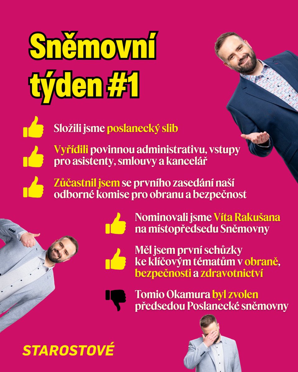 Nová Poslanecká sněmovna má za sebou první pracovní dny, volbu vedení i debaty o tom, jak bude vypadat nadcházející období 💬

Tento týden ukázal, že nás čeká spousta práce. Začínáme zprudka a naplno❗️