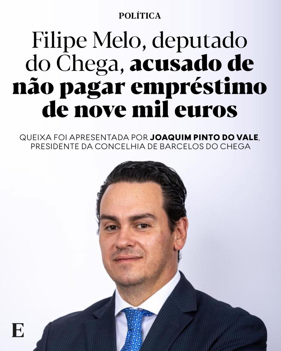 O deputado do Chega Filipe Melo é visado numa queixa apresentada no Tribunal Judicial da Comarca de Braga. Saiba mais: expresso.pt/revista-de-imp…

📷 Facebook/Filipe Melo