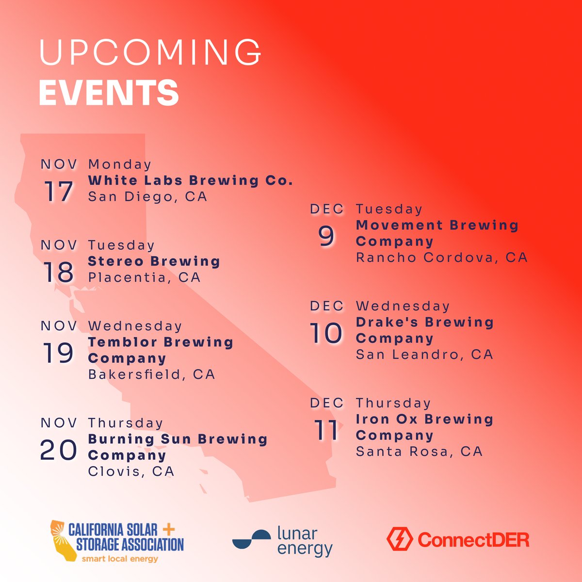 Get ready, California! ConnectDER's coming your way with Lunar Energy for an exciting slate of events hosted by the California Solar &amp; Storage Association. We'll be showcasing our IslandDER™ Meter Socket Adapter. Register for your local event: hubs.la/Q03Sbhf90