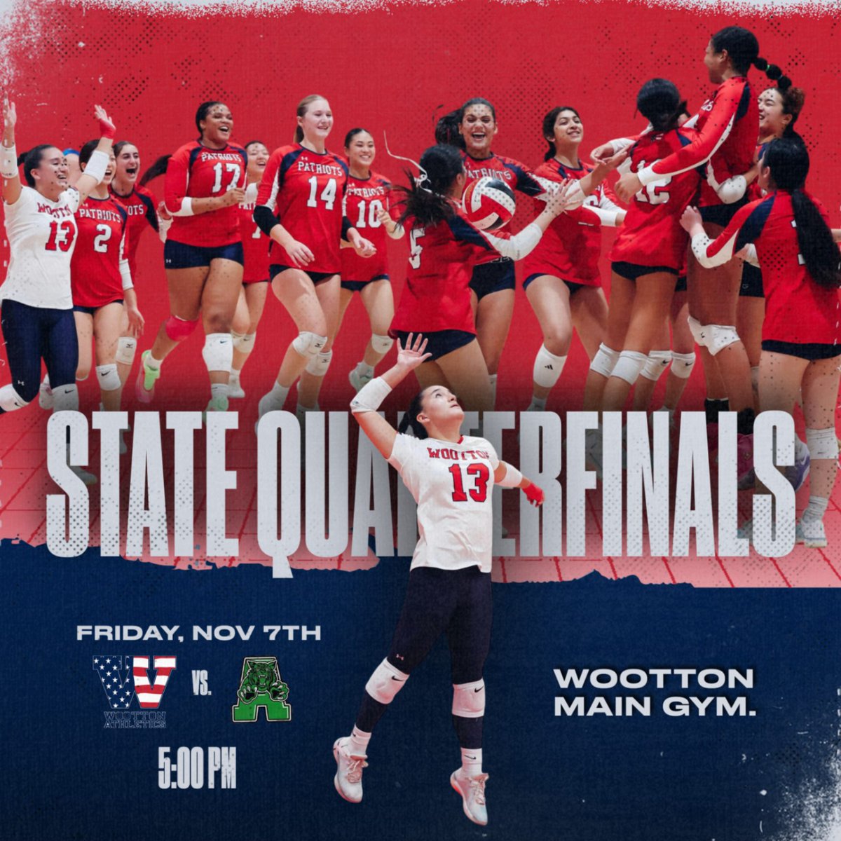 GIRLS VOLLEYBALL🏐 PLAYS IN STATE QUARTERFINALS TODAY AGAINST ARUNDEL. BE THERE🚨🚨🚨

🗓️ November 7th, 2025
🏠 Wootton Main Gym
⏰ 5:00 PM

Roll Pats!!!