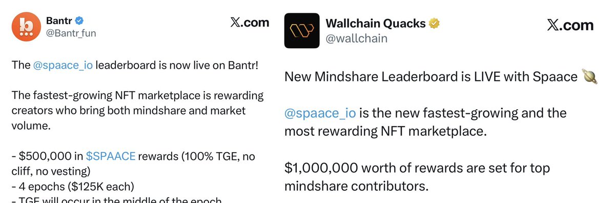 mhknft's tweet image. 🟠 @spaace_io is currently running double campaigns on two InfoFi platforms with massive rewards

- Wallchain: $1,000,000 in $SPAACE
- Bantr: $500,000 in $SPAACE

Create content ➜ climb both LB ➜ earn double

If you haven’t joined Bantr yet: 👇
bantr.fun/?ic=WV340SM
