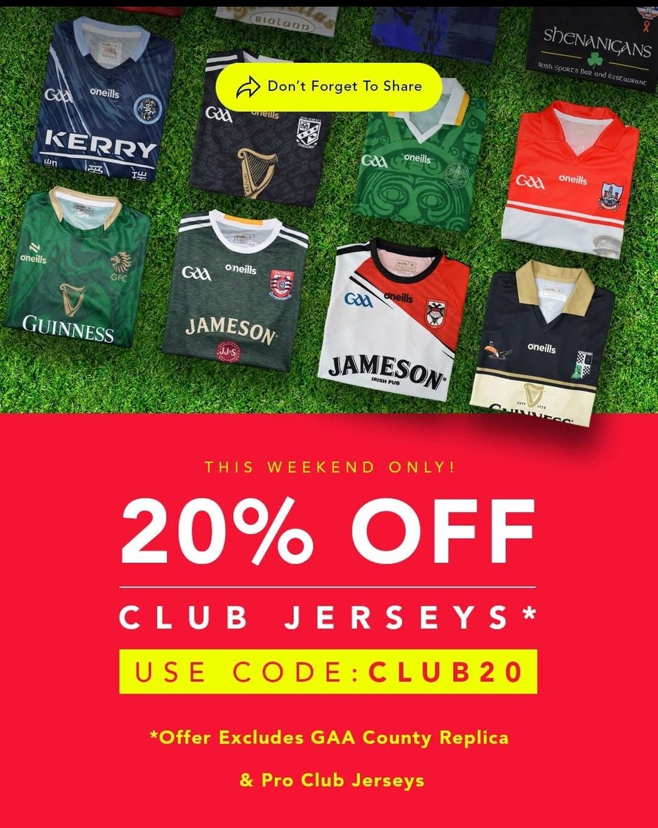 Just in time for Christmas 20% off club jerseys in our online O'Neills club shop. Follow the link below and use Code: CLUB20 at checkout

oneills.com/shop-by-team/g…