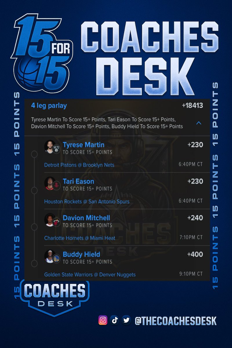 Tonight’s #NBA 15 for 15 🏀

Who’s rocking with me on this madness? 👀

If you’re tailing, make sure you are following me on here, comment below, like and repost!

Let’s vibe ⚡️

Bet link below 👇 

🔗: CLICK LINK TO PLACE BET ON YOUR PREFERRED SPORTSBOOK: gambly.com/share-bet/jFr1…