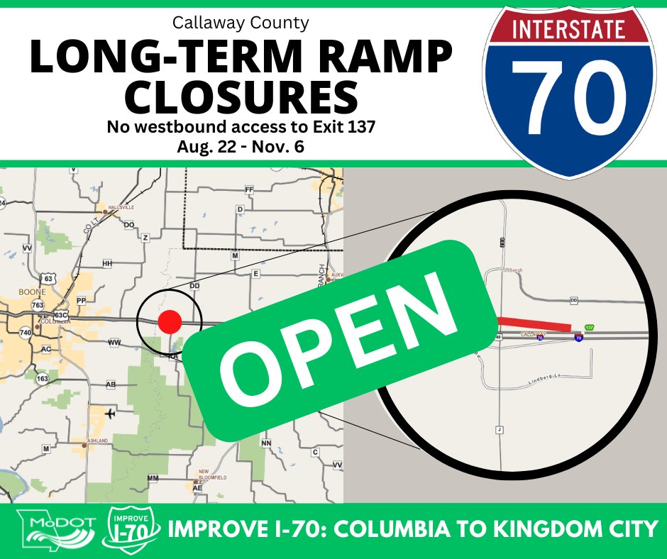GOOD NEWS: Westbound I-70 access to Callaway County Route J/Millersburg is OPEN as new pavement construction in the area is complete. 

Learn more: modot.org/node/79655