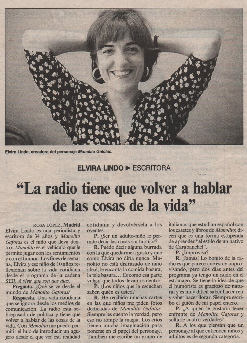Archivo de #radio #culturaradiofónica Noticias de la radio publicadas un 25 de noviembre.
tonimascaroradio.blogspot.com/2021/11/25-de-…
Noviembre 1996. <a href="/el_pais/">EL PAÍS</a> Entrevista a <a href="/elvira_lindo/">Leemos ElviraLindo</a> y a Manolito Gafotas.