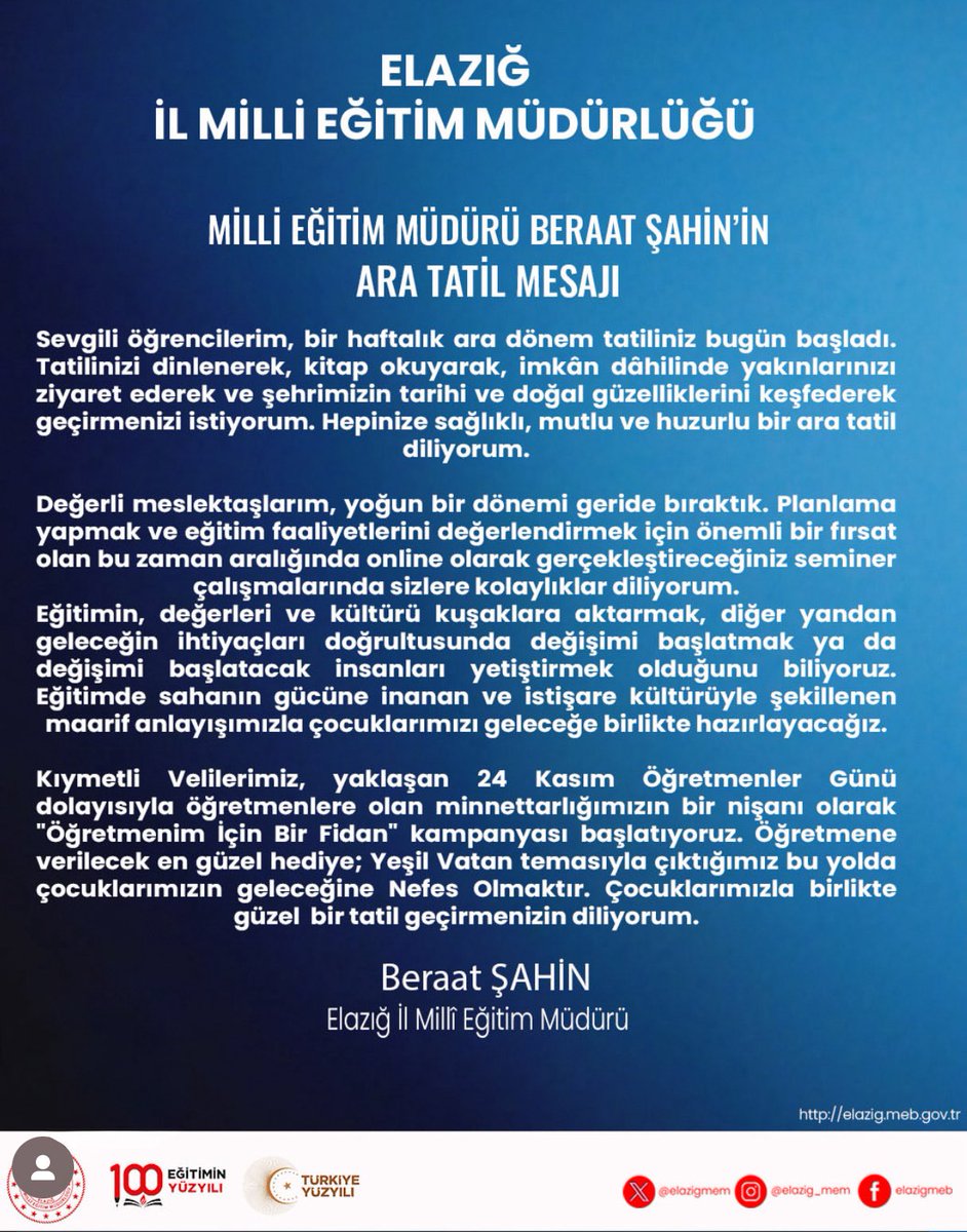 Milli Eğitim Müdürümüz Sayın Beraat ŞAHİN’in Ara Tatil Mesajı <a href="/tcmeb/">Millî Eğitim Bakanlığı</a> <a href="/SahinBeraat/">Beraat Şahin</a>
