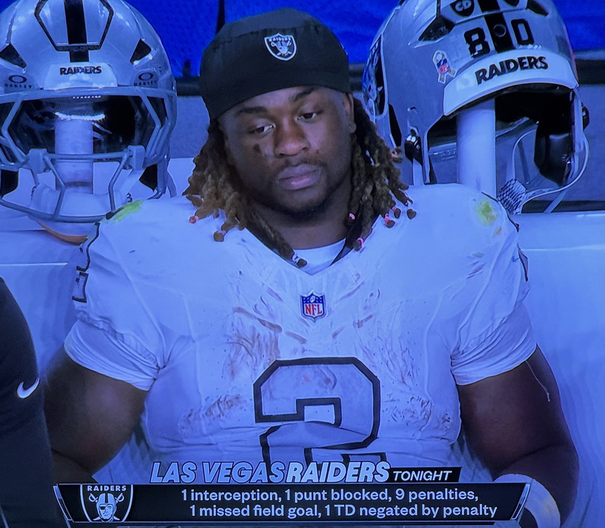 GraphkRaider's tweet image. You’re not a true Raider until you look like this…Jeanty welcome to football hell my brotha 🔥 🏴‍☠️ #RaiderNation