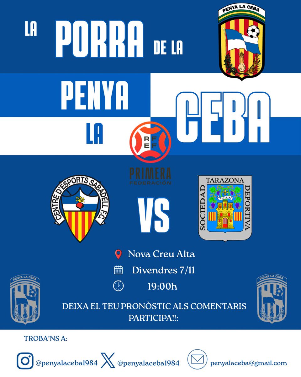 🙌🏻LA PORRA DE LA PENYA LA CEBA🧅💙🤍

AVUI tornem al Temple per rebre al Tarazona! ⚔️
Deixa el teu pronòstic als comentaris 👇
Encertaràs el resultat o t’enduràs una ceba? 🧅😜

📅 Divendres 07/11– 19.00h
📍 Nova Creu Alta

Amb TOT arlquinats!💪🏻💪🏻

#SomLaCeba #TornaLaCeba