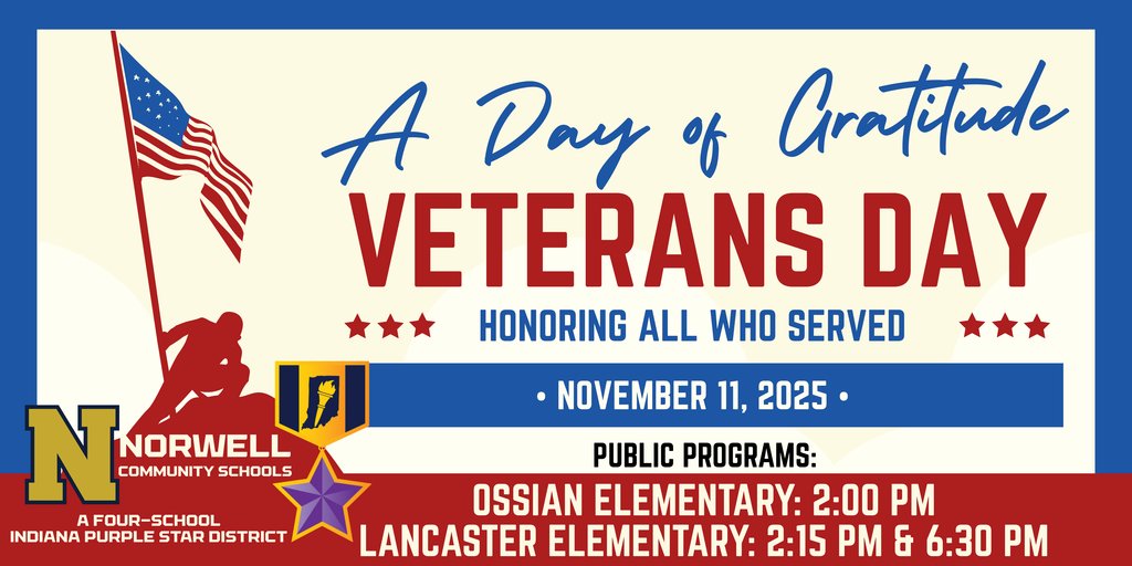 LCESBobcats's tweet photo. Norwell Community Schools is proud to announce that all four of our schools have been recognized as Indiana Purple Star Schools for commitment to service members, veterans, and their families.  Join us in honoring all who have served at our Public Veterans Day Programs! https://t.co/FwThVduJkC
