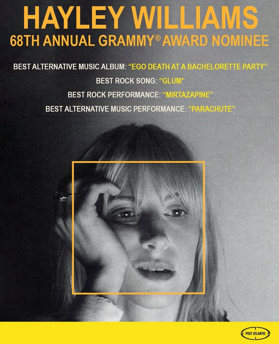 paramorebrasil's tweet photo. 🚨 Imagem oficial da indicação de Hayley Williams a QUATRO categorias do Grammy 2026, publicada pela gravadora Post Atlantic! https://t.co/Ad7omNVMCd