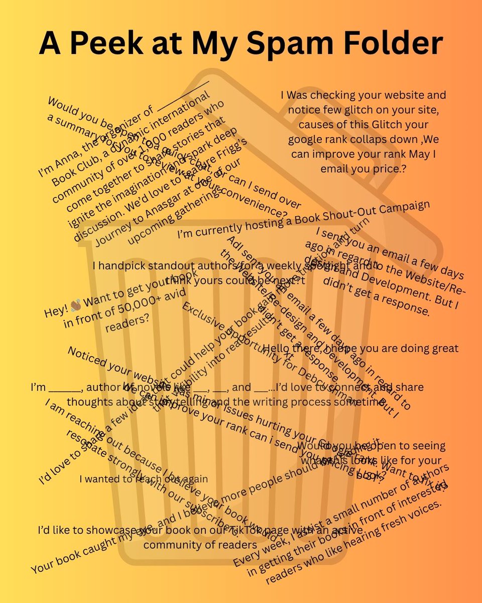 DebCushman's tweet image. Here are some excerpts from junk emails in my spam folder received yesterday! Thought you might enjoy a peek. Did I answer any of them? Nope. Blocked, one and all! #writerslife #wasteoftime #spamemail