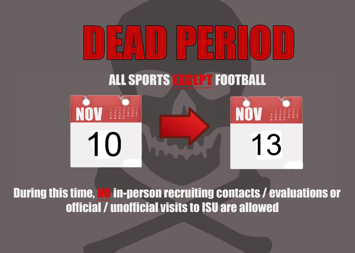 There is a dead period coming up for sports with a scholarship signing period next week.  Please take note and plan your recruiting activities accordingly