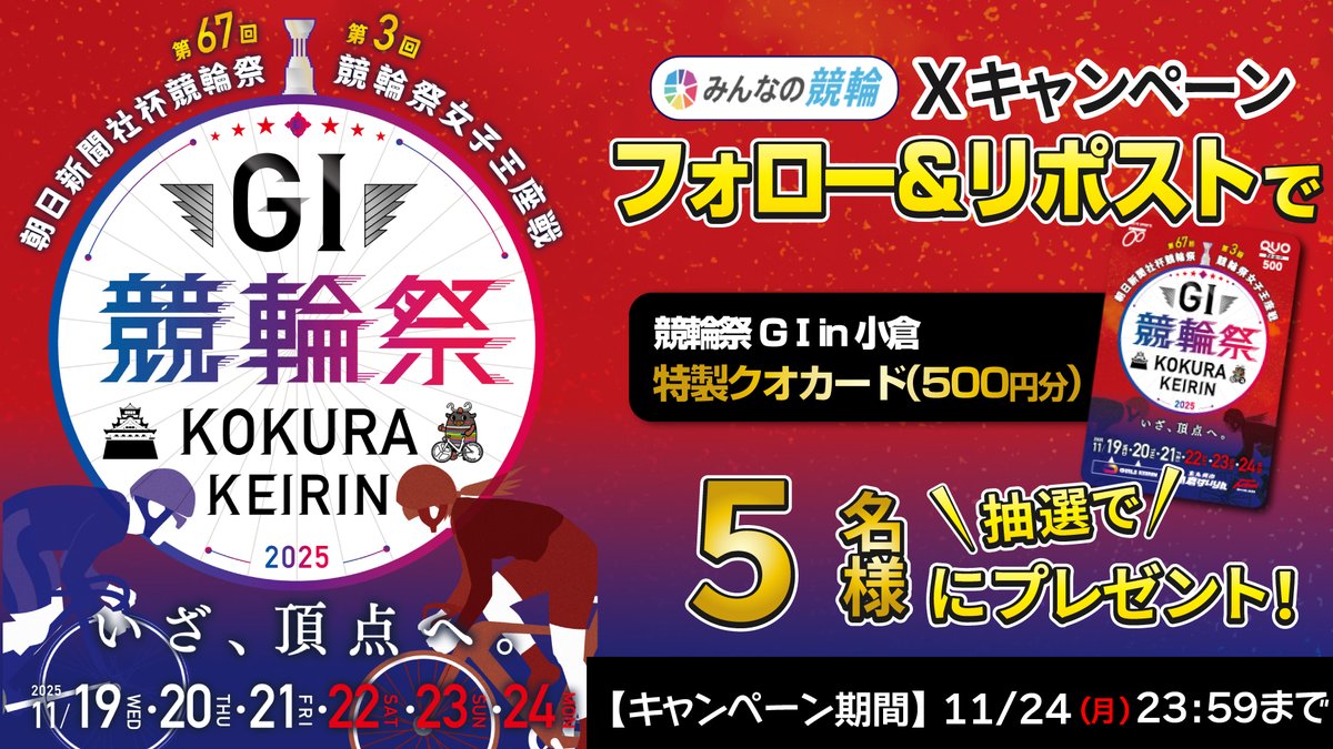🚴『競輪祭G1』PRキャンペーン🚴

11/19(水)～11/24(月)、#小倉競輪場 を舞台に開催✨
フォロー＆RPで、抽選で5名様に特製クオカードが当たる！
1⃣応募方法  <a href="/minnano_keirin/">みんなの競輪【競輪投票サイト🚴】</a> をフォロー
2⃣投稿RP(11/24 23:59〆)

「#みんなの競輪」新規入会CP⇒minnano-keirin.com/announcement/2…