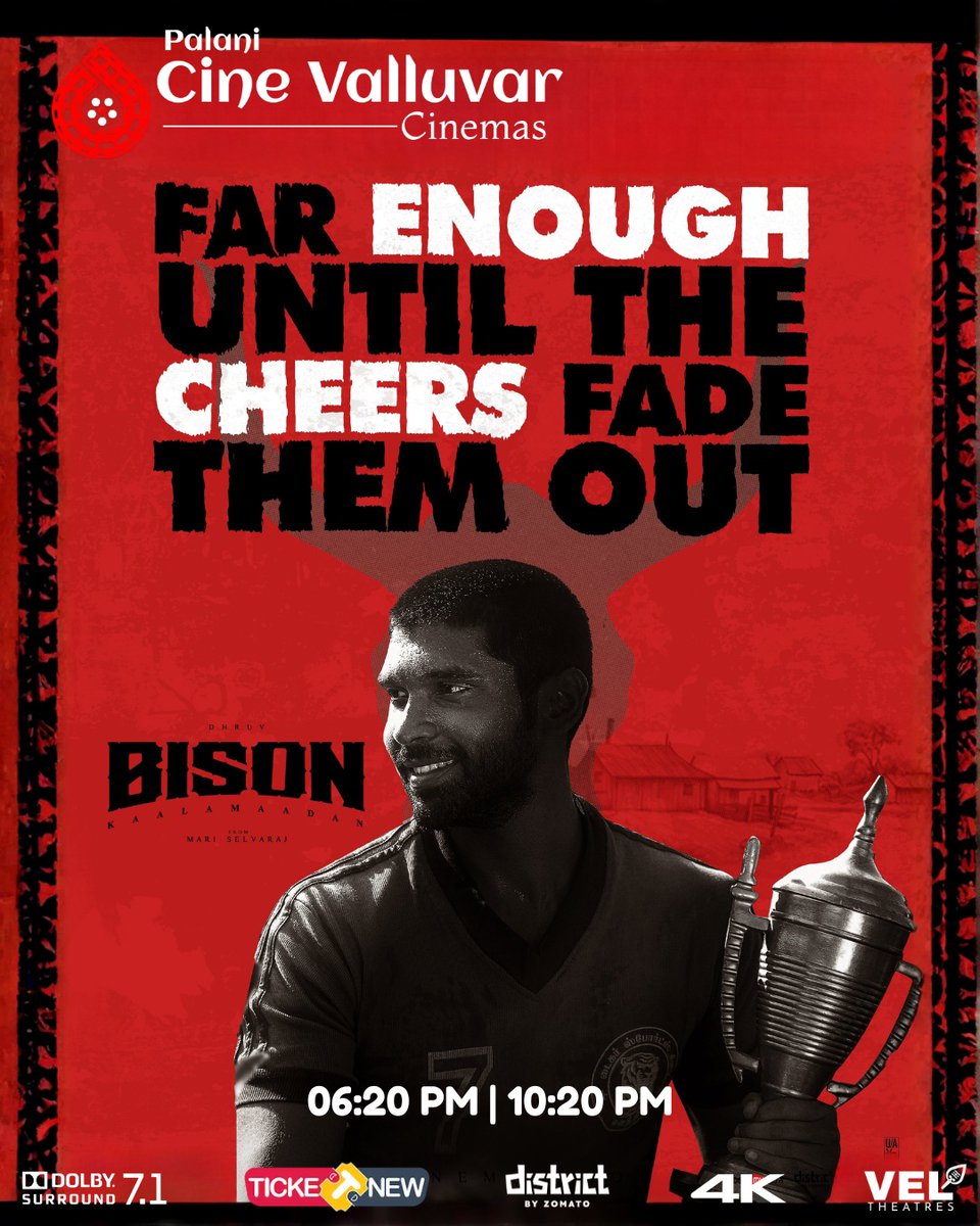 RUNNING SUCCESSFULLY – 4th WEEK CELEBRATION! 🔥

🎬 #Dude (Tamil) &amp; 🐃 #Bison: KAALAMAADAN (Tamil) continue to dominate the big screen
🎟️ Book your tickets now &amp; be part of the celebration — still running strong, only at #CineValluvarCinemas where every show feels like a festival