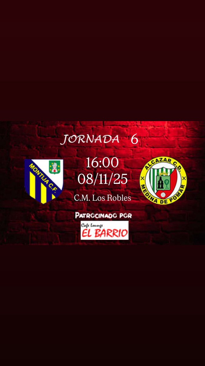 🔥⚽Este sábado hay partidazo en el C.M. Los Robles!
Nuestro Alcázar C.D. se mide al Montija C.F. 
🗓 Sábado
⏰ 16:00 h 
📍 C.M. Los Robles
¡Ven a animar al equipo, que tu apoyo se nota desde la grada! 💙❤️
🍻 Patrocina: Café Lounge El Barrio
#todoalrojo#AlcázarCD #MedinaDePomar