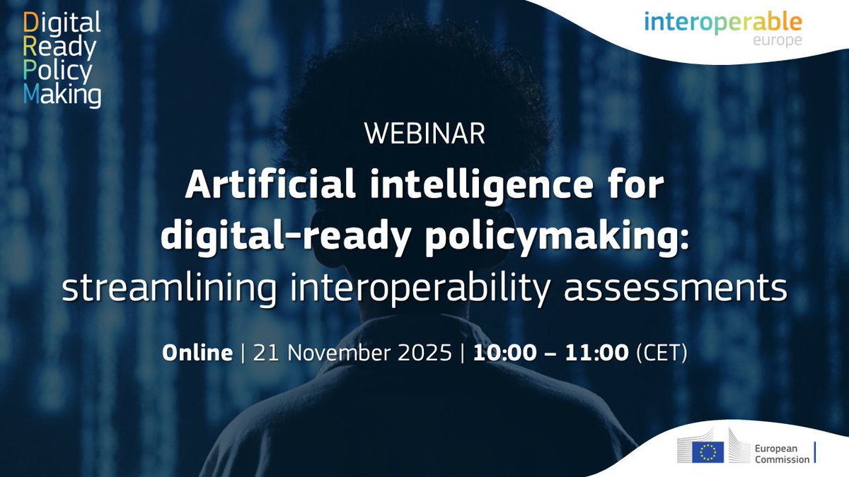 InteroperableEU's tweet photo. In 2 weeks' time, you will have the chance to be introduced to the plans of the #DigitalReadyPolicymaking team to help you streamline your #InteroperabilityAssessments through the use of #AI.
Register for the webinar here!
👉https://t.co/kJeEE9D27O https://t.co/Jupqmqh27Z