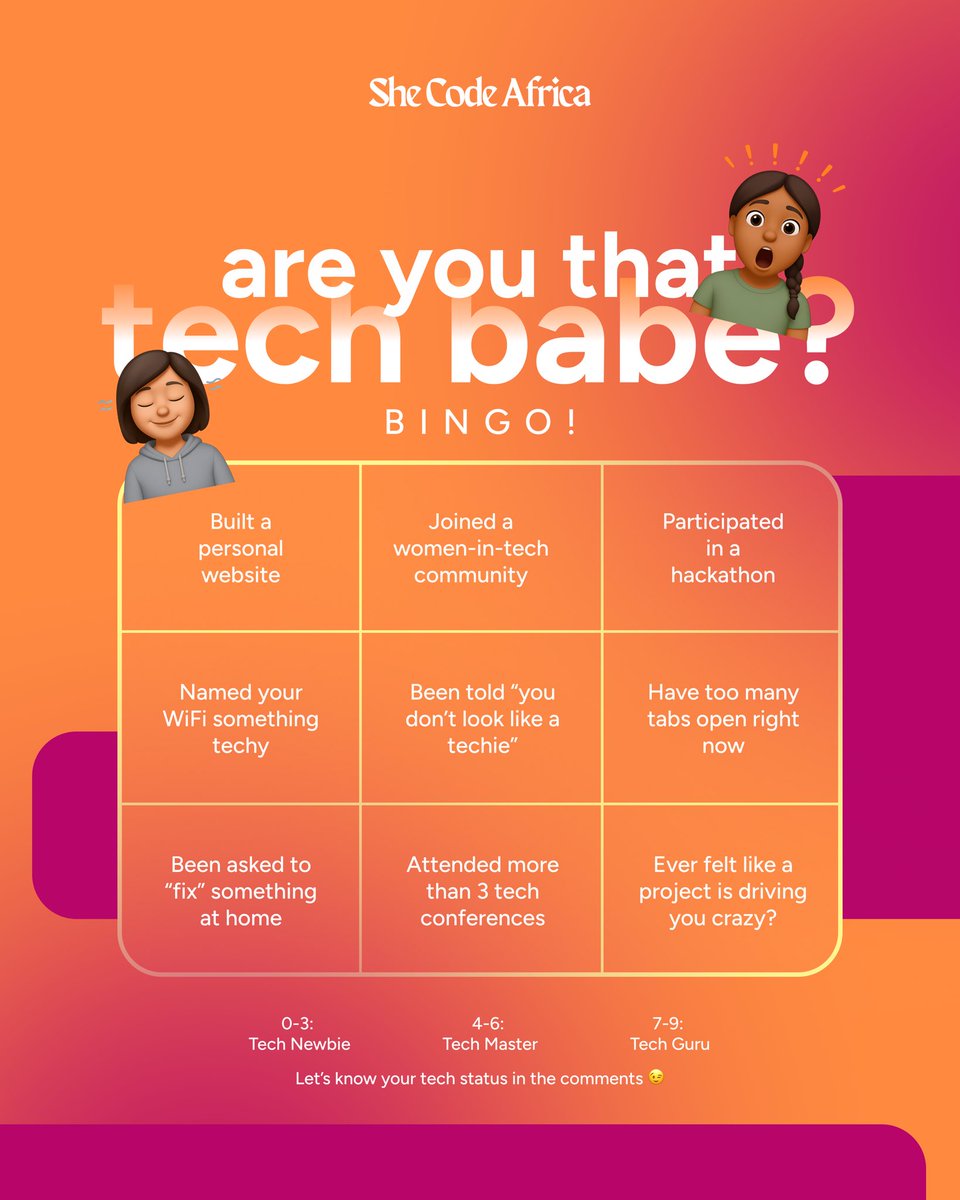 SheCodeAfrica's tweet image. Tech babe where? 👀
Tell us your score on the Tech Babe scale? 👇😁

#justforfun✌️