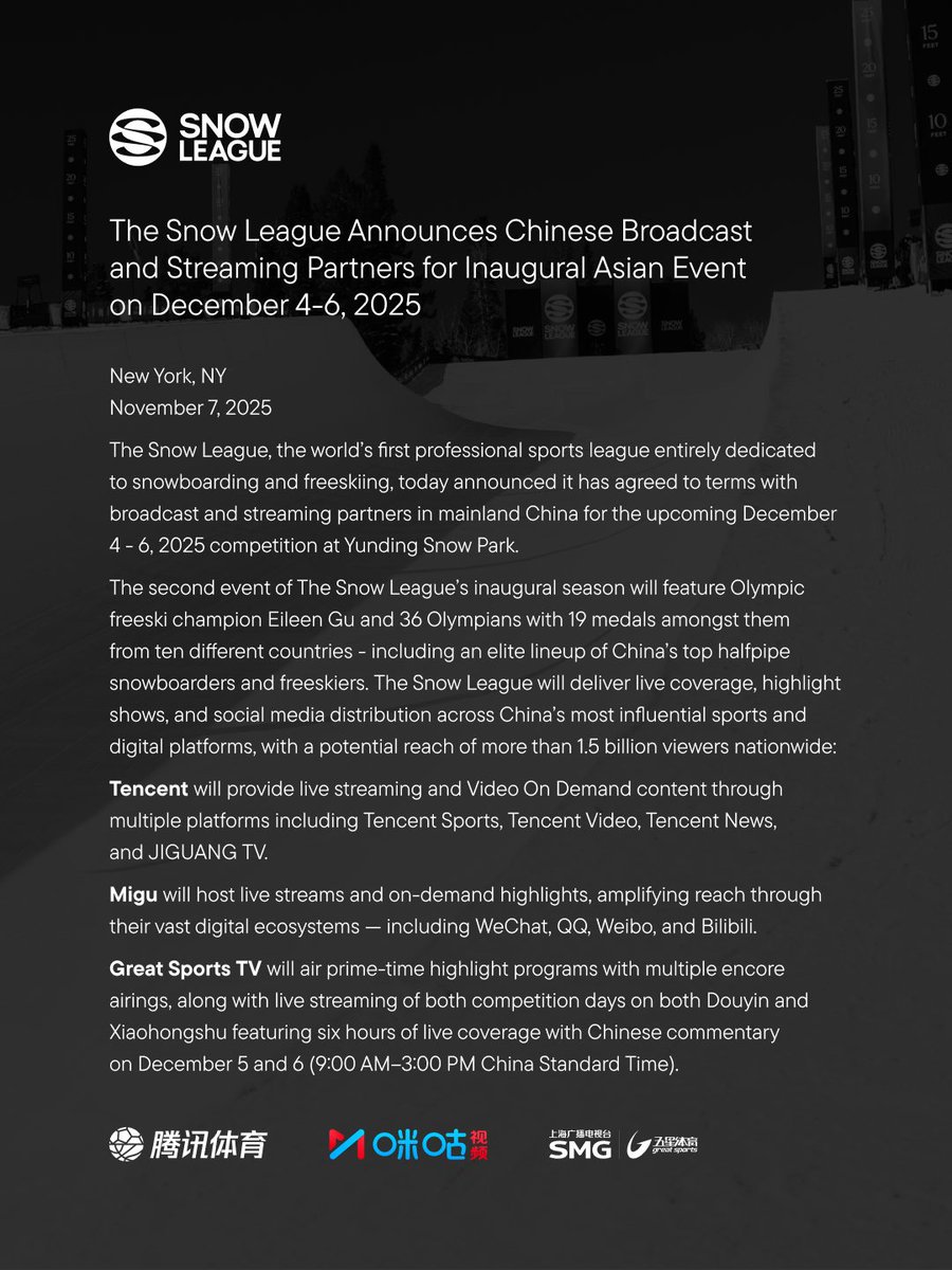 We’re excited to announce Tencent, Migu and Great Sport TV as our broadcast and streaming partners in Mainland China for Event Two at Yunding Snow Park (December 4–6).

Stay tuned, additional global streaming details will be shared in the coming weeks.

bit.ly/43M43qo?utm_so… -