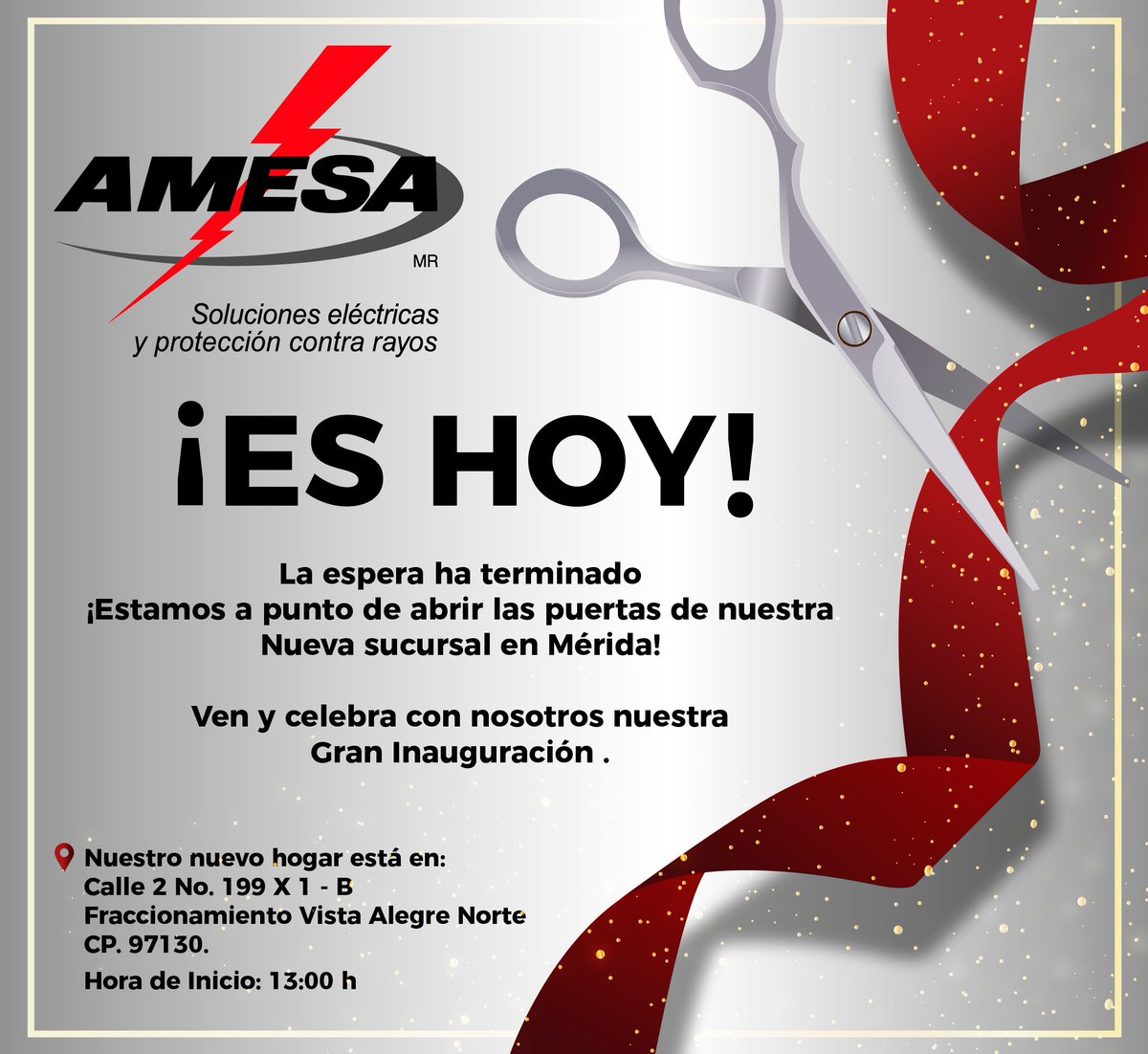 ¡Llegó el día! ⚡️

Estamos emocionados de abrir las puertas de nuestra nueva sucursal en Mérida. Ven y sé parte de este momento especial con AMESA.

¡No te lo pierdas! 😉🎉