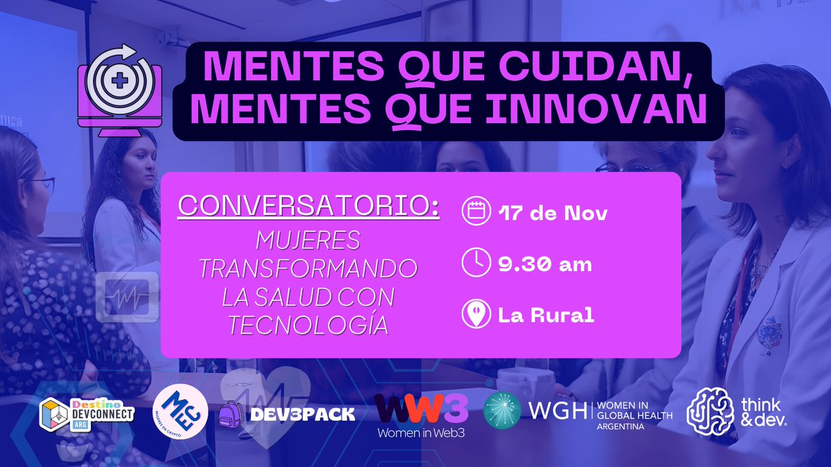 🎟️ ¿Ya tenés tu ticket para <a href="/EFDevcon/">Devcon 8 | Mumbai, India 🇮🇳</a>? 
No te pierdas esta Convocatoria: mujeres que quieran generar valor e impacto en tecnología &amp; salud✨ 

🗓️ 17/11 - 9:30hs |📍La Rural
💬 Charla +Networking +Comunidad

Organizan: <a href="/ThinkandDev/">Think&Dev</a> +<a href="/womeningh_ar/">Women in Global Health Argentina</a>  +<a href="/mujeresencrypto/">Mujeres en Crypto 🔮</a>  +<a href="/dev3pack/">dev3pack</a>
