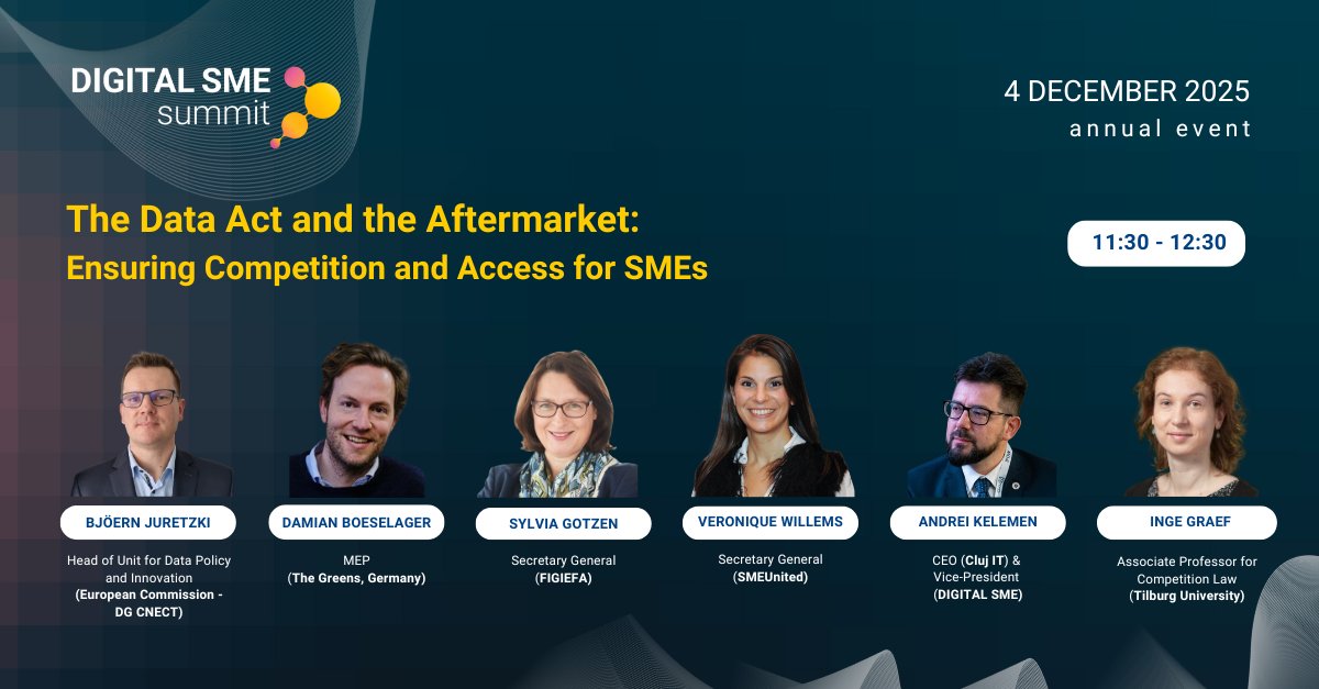 EUdigitalsme's tweet image. First #DIGITALSMEsummit panel announcement 📢 

This conversation on the #DataAct will explore:
🔹 Practical implementation challenges
🔹 The need for SME-friendly data-sharing frameworks
🔹 How #SMEs can leverage the Data Act to compete on fairer terms

Register today…
