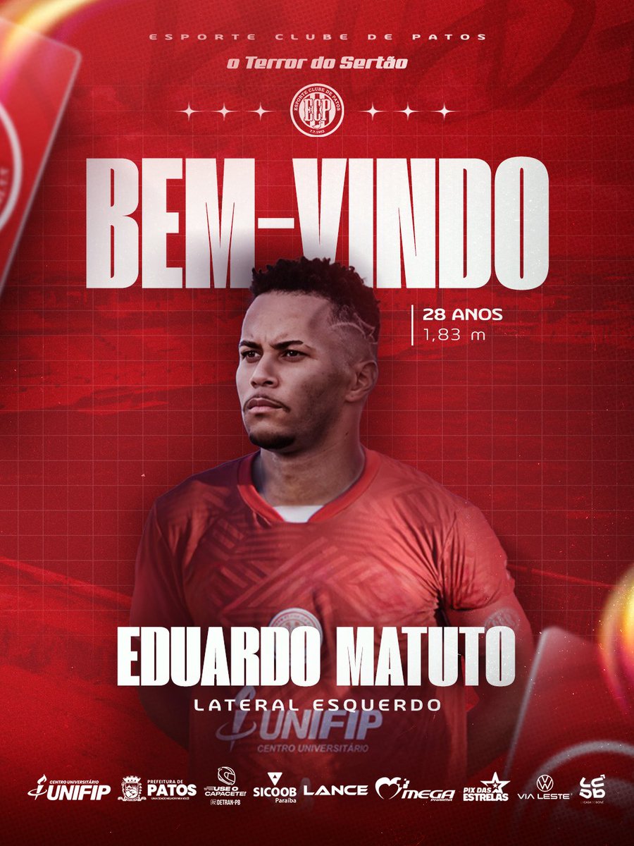 TEM NOVIDADE NA LATERAL! 🔥🇵🇪

Eduardo Matuto, de 28 anos, é o novo lateral do Esporte para a disputa do Campeonato Paraibano 2026.

O atleta que atua de lateral esquerdo, já representou as seguintes equipes: CSP-PB, Spartax-PB e estava no Cruzeiro-PB.

Seja bem-vindo, Eduardo!
