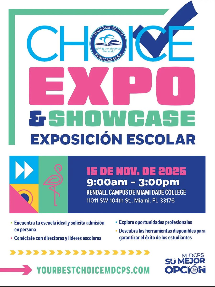 Want to know more about the schools that <a href="/MDCPSSouth/">South Region Office</a> has to offer? Then make your way to the Choice Expo &amp; Showcase on Saturday, Nov. 15th, from 9am-3pm at the MDC Kendall campus. We can’t wait to see you there! ✅🦩👩‍🏫 #ChoiceExpo #AvocadoAces <a href="/MDCPS/">Miami-Dade Schools</a> <a href="/SuptDotres/">Jose L. Dotres, Ed.D.</a> <a href="/MDCPSCommunity/">Family and Community Engagement at M-DCPS</a>