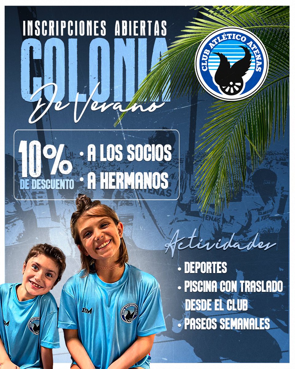 📣 INSCRIPCIONES ABIERTAS – COLONIA DE VERANO ATENAS ⚪️🔵

🌞 ¡No te quedes sin tu lugar en la Colonia de Vacaciones de Atenas!
Desde el lunes 5 de enero, te esperamos con tardes llenas de diversión:
🏊‍♂️ Natación, 🎨 talleres, 🚌 paseos y 🎯 juegos para disfrutar al máximo.

➡️