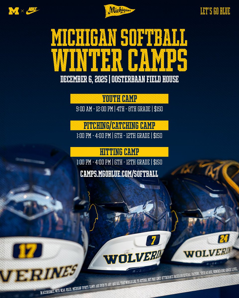 Our 2025 Winter Camps ❄️ on December 6th are starting to fill up! Don't wait too long, sign up NOW!

Info/Register >> camps.mgoblue.com/softball/