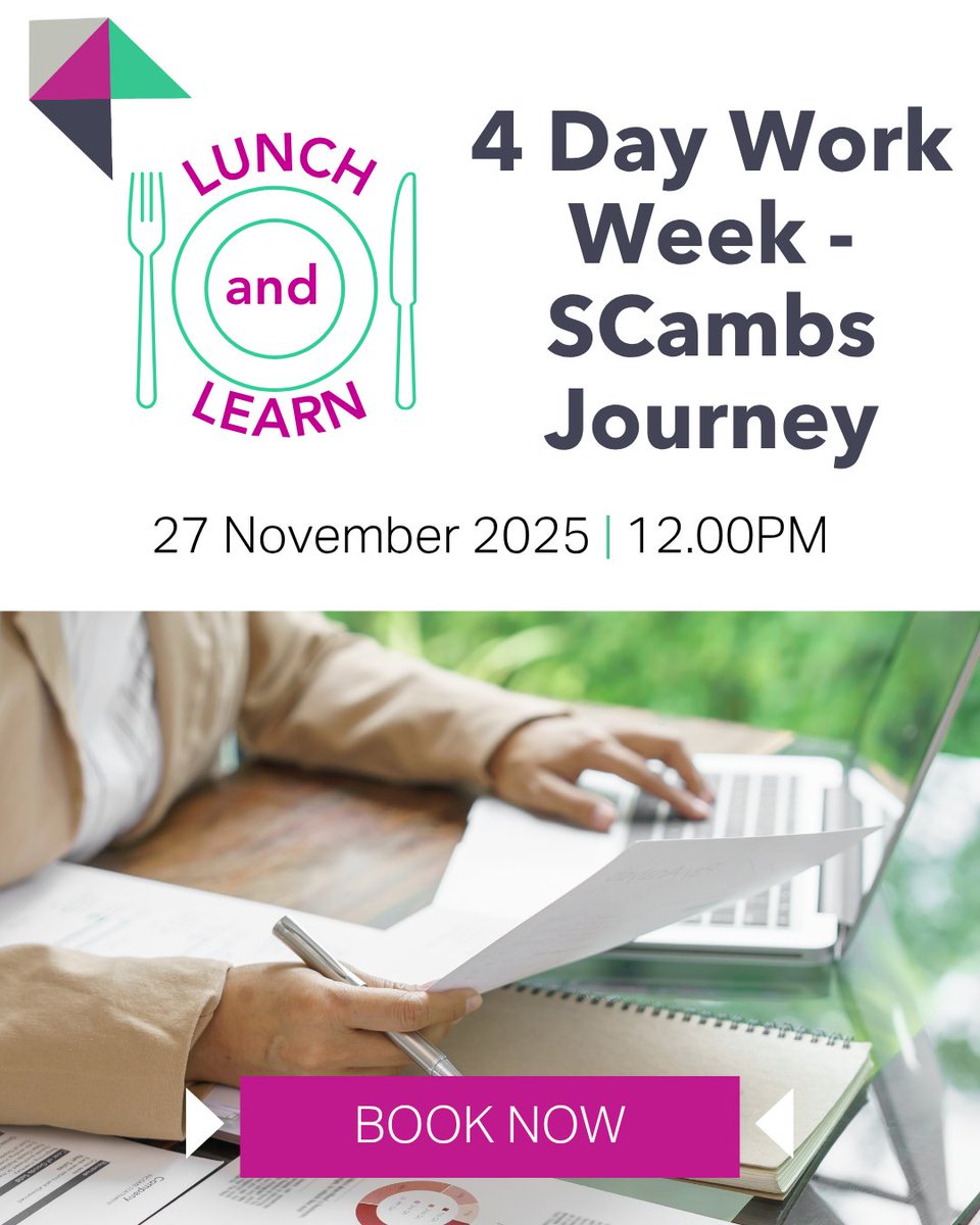 NWEmployers's tweet photo. 📣 Lunch & Learn: Exploring a 4-Day Work Week
Thursday 27 November | 12:00pm
Join us for this insightful session with South Cambridgeshire District Council.
Book now using the following link: https://t.co/tPZ6f4TjT8
#FourDayWeek #HR #FutureOfWork #LunchAndLearn https://t.co/87iTq9keTx