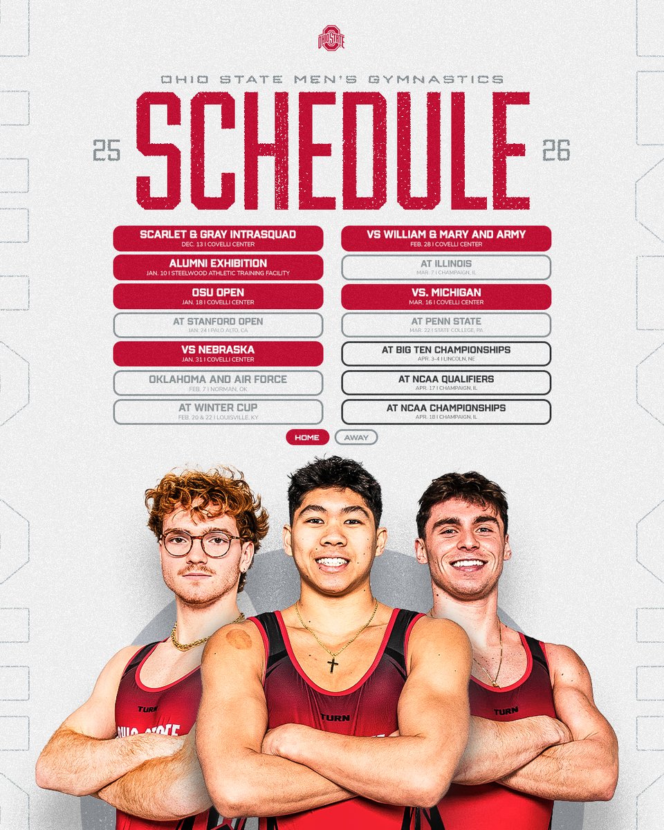 Buckeye Nation - mark your 🗓️‼️ 

The 2025-26 schedule is here! We hope to see you at one of our meets this season!

🔗: go.osu.edu/mgym-2526sched…

#GoBucks x <a href="/B1GGymnastics/">Big Ten Gymnastics</a>