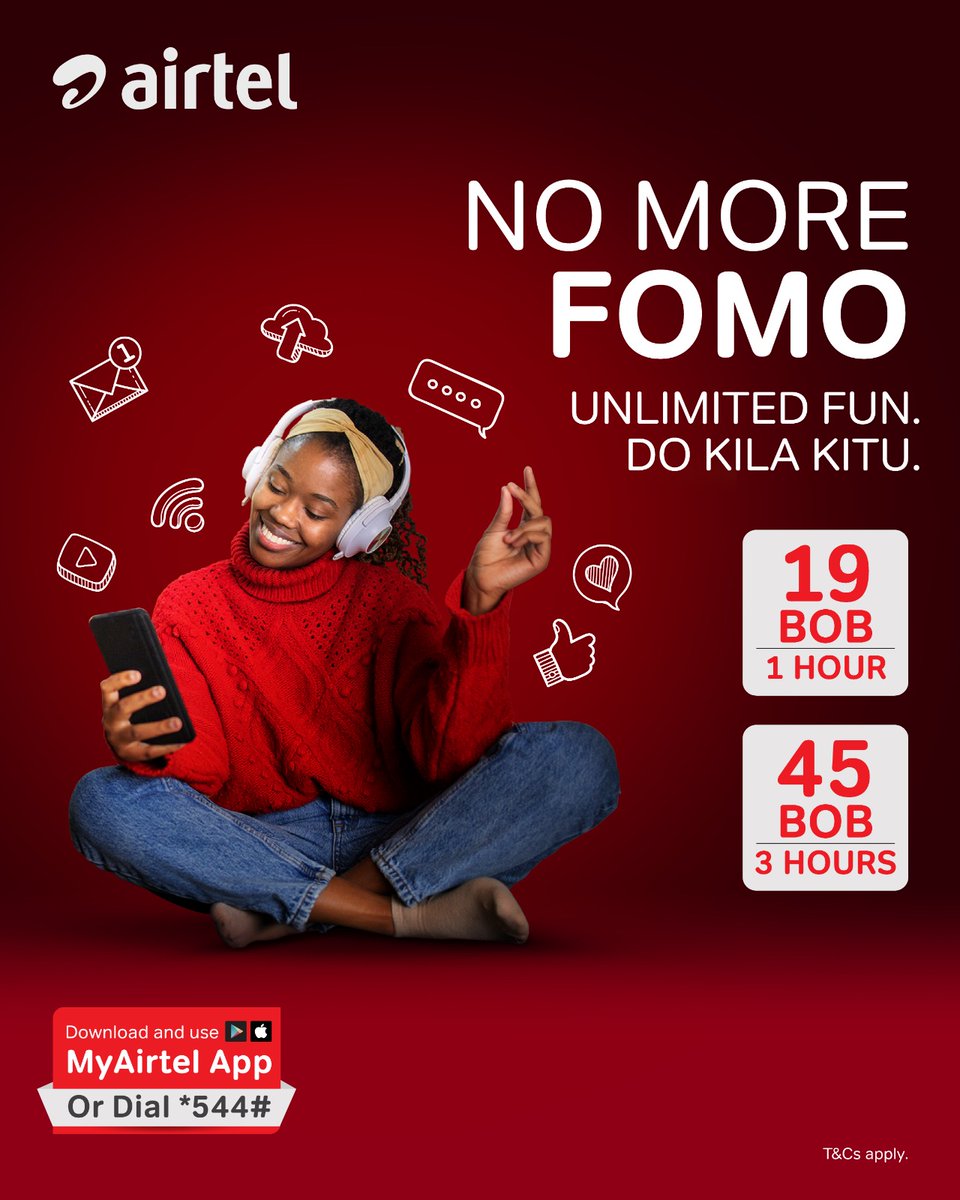AIRTEL_KE's tweet photo. No More FOMO!

Turn ordinary hours into Happy Hours with Airtel’s UnlimitedFun Data Plans!

Stay connected and enjoy nonstop FUN for less:
Kes 19 – 1 Hour
Kes 45 – 3 Hours https://t.co/YanDofUFdQ