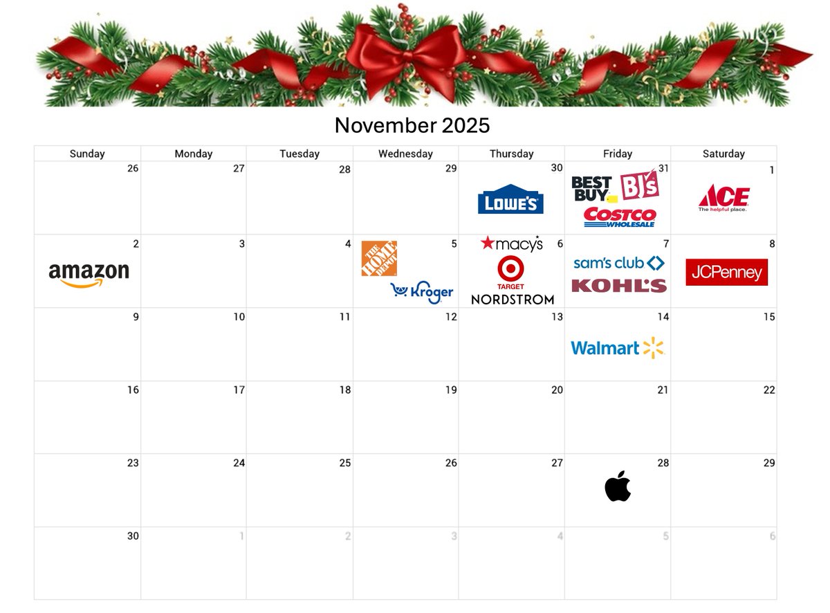 timminc's tweet photo. 🎄 While Black Friday &amp; Cyber Monday are still few weeks away, check out this graphic that shows the days major retailers announced they will launch / launched their Holiday deals. 

#holidayshopping #blackfriday #cybermonday #retailsales #tre #retailnews #retailshopping https://t.co/xJoN7LASNR